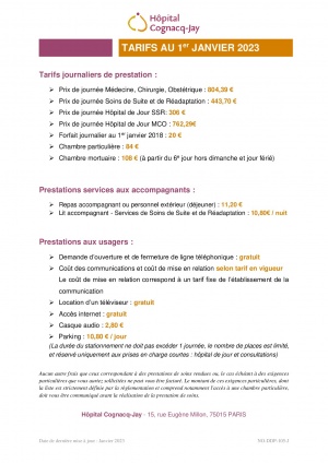 Tarifs d'hospitalisation au 1er janvier 2023